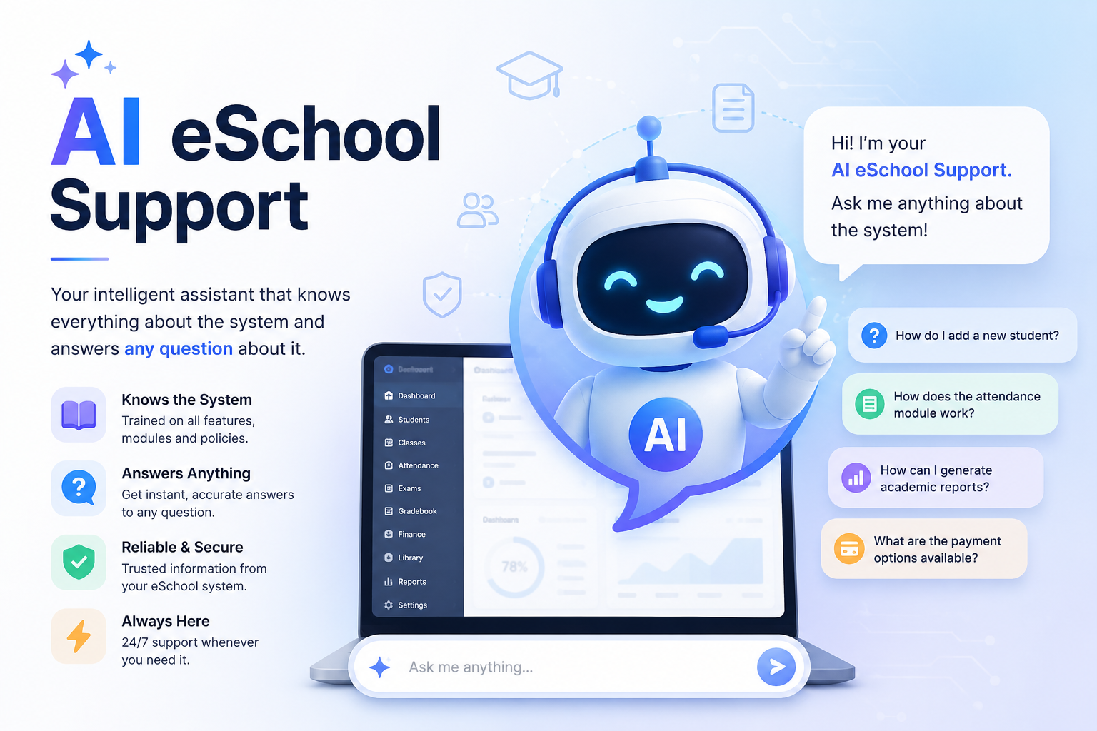 AI eSchool Support promotional graphic showing AI-powered assistance for schools